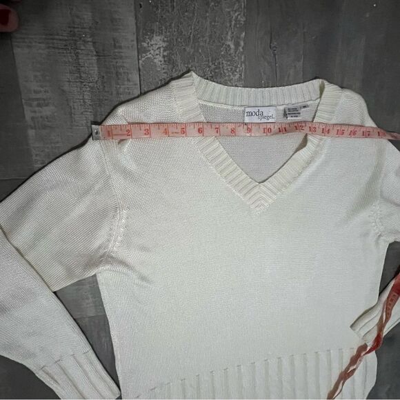 Vtg 80s 90s Spiegel Oversized V Neck Ivory Split Hem Ribbed Shine Sweater M - Picture 10 of 10